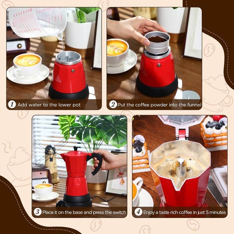 Lemosae Coffee Pot 6 Cup Electric Espresso Coffee Maker Italian Moka Maker 300ml Portable Aluminum Espresso Machine Cafetera Moka Pot with Detachable Base, Gift for Home Travel(Red) - Image 5